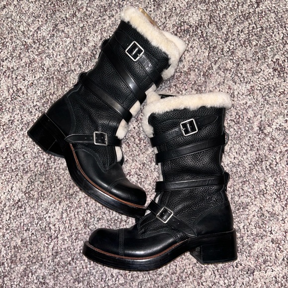 COACH Moto' Boots Shearling Pebbled Leather Buckle Boots PAIR. - Picture 1 of 6